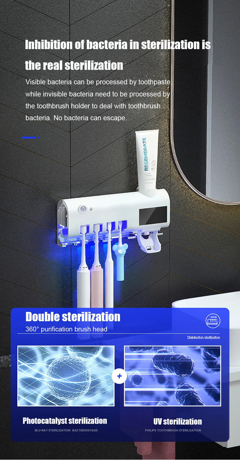 Automatic Solar Energy UV Toothbrush Holder Wall Toothbrush Sterilizer Toothpaste Dispenser Squeezers Bathroom Accessories